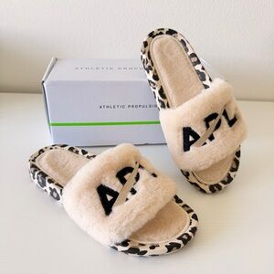New! APL Beige Fuzzy Slide Sandals with Leopard Trim and Black Logo, Size 7